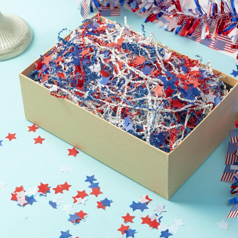 CIPOWM 16oz Patriotic Crinkle Cut Paper Shred, 3 Colors Red White Blue 4th of July Raffia Paper Shred Filler with Star Confetti Shredded Paper Grass for Gift Wrapping Craft DIY Gift Bag Box Filling Party Supply - Image 4